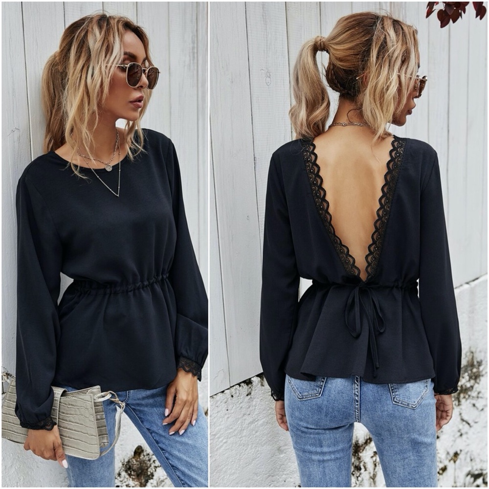 Open back babydoll long sleeve black blouse